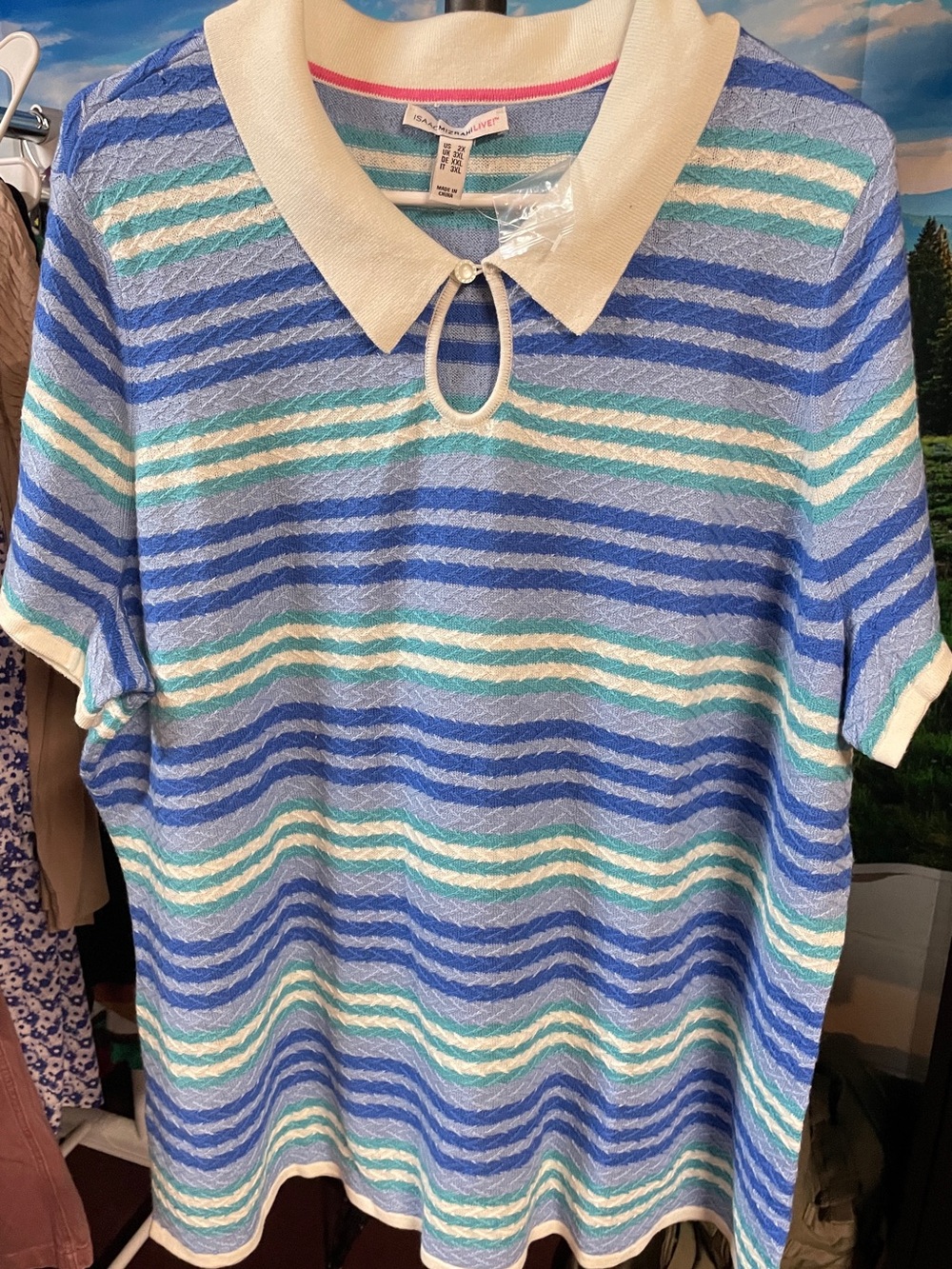 Isaac Mizrahi Blue and Cream Striped Polo-Style Knit Top